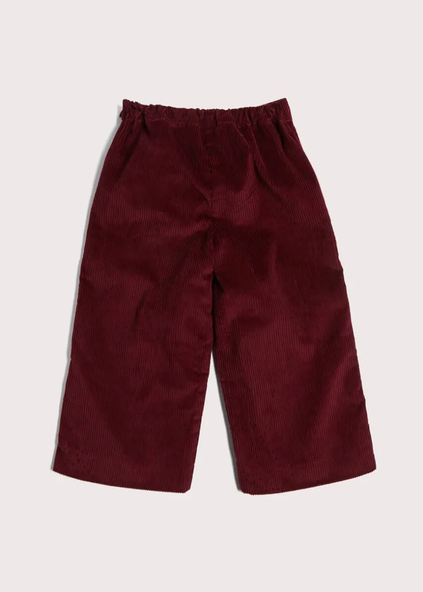 Trousers | Pepa London Corduroy Wide Leg Gold Button Trousers in Burgundy (4-10yrs)