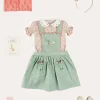 Lookbooks | Pepa London Duck Embroidered Scallop Detail Skirt With Braces in Green (18mths-6yrs) | Mabel Floral Embroidered Short Sleeve Blouse in Coral (18mths-10yrs) | Floral Openwork Cotton Cardigan in Pink (2-10yrs) | Mary Jane Leather Baby Shoes in Ivory (20-24EU) | Mabel Floral Hairband in Coral | Openwork short socks - Dusty Pink (0mths-10yrs)