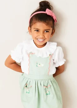 Lookbooks | Pepa London Duck Embroidered Scallop Detail Skirt With Braces in Green (18mths-6yrs) | Hand Smocked Collar Short Sleeve Blouse in White (18mths-6yrs) | Strawberry Embroidery Cardigan in Pink (12mths-6yrs) | Mary Jane Baby Shoes in Pink (20-26EU) | Raspberry Linen Hairband