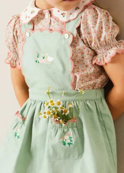 Lookbooks | Pepa London Duck Embroidered Scallop Detail Skirt With Braces in Green (18mths-6yrs) | Mabel Floral Embroidered Short Sleeve Blouse in Coral (18mths-10yrs) | Floral Openwork Cotton Cardigan in Pink (2-10yrs) | Mary Jane Leather Baby Shoes in Ivory (20-24EU) | Mabel Floral Hairband in Coral | Openwork short socks - Dusty Pink (0mths-10yrs)