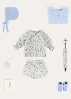 Lookbooks | Pepa London Ellis Floral Long Sleeve Blouse in Blue Made with Liberty Fabric (1-12m) | Ellis Floral Bloomer in Blue Made with Liberty Fabric (1m-3yrs) | Openwork Detail Baby Cardigan in Blue (1-12mths) | Lace Detail Knitted Bonnet in Blue (1-6mths) | Lace Detail Knitted Booties in Blue | Ellis Birds Tie Hat in Blue Made with Liberty Fabric (XS-L) | Ellis Dummy Clip in Blue Made with Liberty Fabric