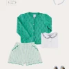 Lookbooks | Pepa London Embroidered Scallop Collar Short Sleeve Polo Shirt in Navy (2-10yrs) | Maxwell Gingham Scallop Trim Embroidered Shorts in Green (18mths-10yrs) | Floral Openwork Cotton Cardigan in Green (2-10yrs) | Canvas Plimsolls in Blue (20-35EU) | Blue Linen Big Bow Hairband | Flower Fairies of the Summer Book in White