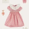 Lookbooks | Pepa London Emilia Floral Hand Smocked Ruffle Collar Short Sleeve Dress in Pink (12mths-10yrs) | Openwork Cotton Cardigan in Cream (6mths-10yrs) | Girls Ivory Leather Mary Jane Shoes (20-34EU) | Emilia Floral Long Bow Hair Clip in Pink | Openwork short socks White (0mths-8yrs)