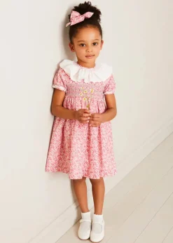 Lookbooks | Pepa London Emilia Floral Hand Smocked Ruffle Collar Short Sleeve Dress in Pink (12mths-10yrs) | Openwork Cotton Cardigan in Cream (6mths-10yrs) | Girls Ivory Leather Mary Jane Shoes (20-34EU) | Emilia Floral Long Bow Hair Clip in Pink | Openwork short socks White (0mths-8yrs)