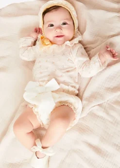 Lookbooks | Pepa London Esme Floral Ruffle Collar Long Sleeve Blouse in White (1-12mths) | Esme Floral Bow Detail Bloomers in White (1-12mths) | Openwork Detail Cotton Baby Cardigan in Tangerine (1-12mths) | Lace Detail Knitted Bonnet in Tangerine (1-12mths) | Celebration Ribbon Detail Mary Jane Pram Shoes in Beige (17-20EU) | Esme Floral Dummy Clip in White | Little Library Book in White