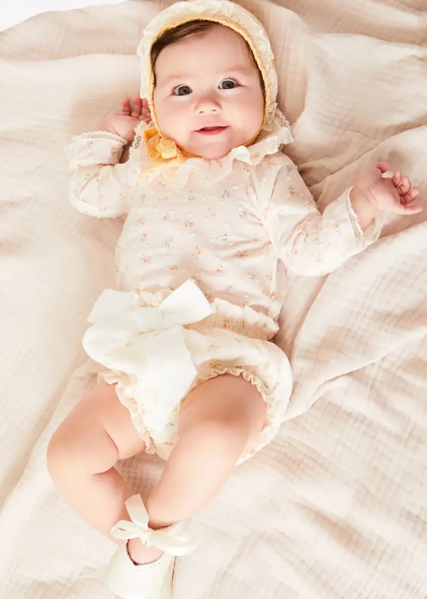 Lookbooks | Pepa London Esme Floral Ruffle Collar Long Sleeve Blouse in White (1-12mths) | Esme Floral Bow Detail Bloomers in White (1-12mths) | Openwork Detail Cotton Baby Cardigan in Tangerine (1-12mths) | Lace Detail Knitted Bonnet in Tangerine (1-12mths) | Celebration Ribbon Detail Mary Jane Pram Shoes in Beige (17-20EU) | Esme Floral Dummy Clip in White | Little Library Book in White