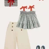 Lookbooks | Pepa London Evelyn Floral Smock Detail Tie Strap Blouse in Red (4-10yrs) | Wide Leg Front Button Trousers in Beige (2-10yrs) | Mariner Collar Bold Stripe Jumper in White (2-10yrs) | Plain Linen Small Bow Hair Clip in Red