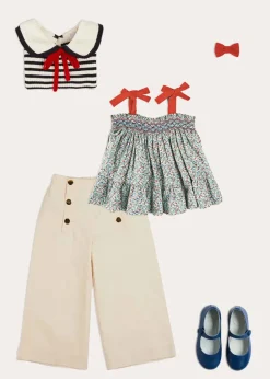 Lookbooks | Pepa London Evelyn Floral Smock Detail Tie Strap Blouse in Red (4-10yrs) | Wide Leg Front Button Trousers in Beige (2-10yrs) | Mariner Collar Bold Stripe Jumper in White (2-10yrs) | Plain Linen Small Bow Hair Clip in Red