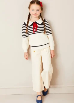 Lookbooks | Pepa London Evelyn Floral Smock Detail Tie Strap Blouse in Red (4-10yrs) | Wide Leg Front Button Trousers in Beige (2-10yrs) | Mariner Collar Bold Stripe Jumper in White (2-10yrs) | Plain Linen Small Bow Hair Clip in Red