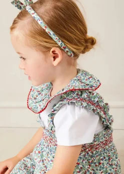 Lookbooks | Pepa London Evelyn Floral Smocked Detail Skirt With Braces in Red (18mths-6yrs) | Evelyn Floral Ruffle Collar Top in Red (2-10yrs) | Statement Collar Floral Embroidery Cardigan in Navy (2-10yrs) | Leather Mary Jane Baby Shoes in French Blue (20-26EU) | Evelyn Floral Thin Bow Hairband in Red | Ribbed Shorts Socks Red (0mths-10yrs)