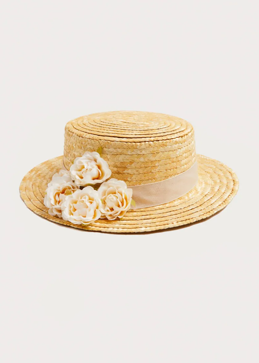 Hair Accessories | Hats | Pepa London Faux Flower Straw Boater Hat With Ivory Flower (S-M)