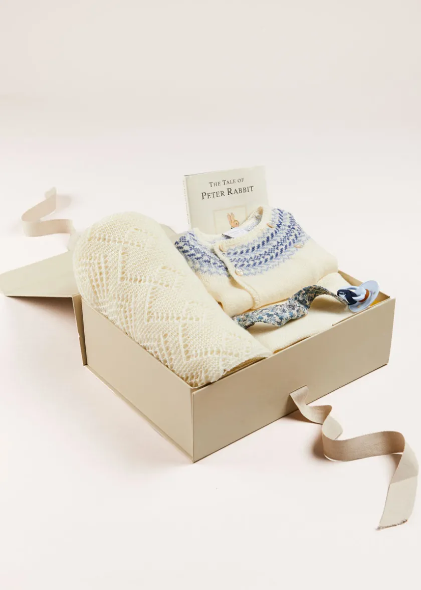 Curated Gift Boxes | Pepa London Gift boxes | Baby Bonnet In Cream (S-L) | BIBS Dummy in Blue | Intricate Openwork Fine Merino Wool Shawl in Cream