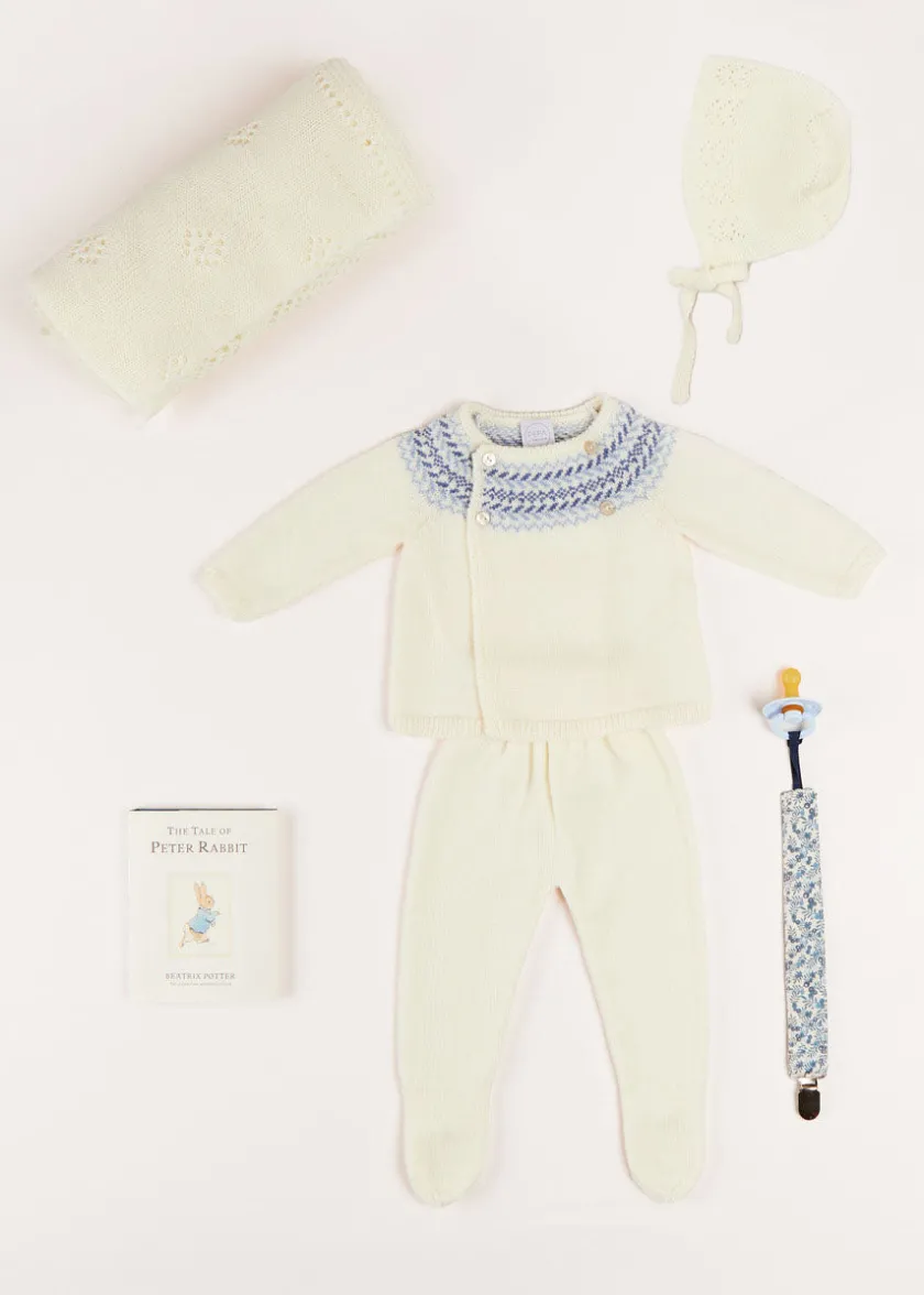 Curated Gift Boxes | Pepa London Gift boxes | Baby Bonnet In Cream (S-L) | BIBS Dummy in Blue | Intricate Openwork Fine Merino Wool Shawl in Cream