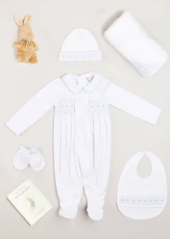 Knitwear & Cardigans | First Outfits | Pepa London Gift boxes | Blue Hand Smocked Cotton All-in-One (1-18mths) | Newborn Hat with Blue Hand Smocked Detail (0-3mths) | Blue Hand Smocked Bib | Blue Hand Smocked Towel | Blue Hand Smocked Mittens
