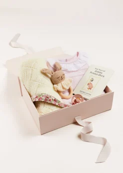 Curated Gift Boxes | Pepa London Gift boxes | Dot Detail Lace Collar Knitted Set in Pink (1-6mths) | Baby Bonnet In Pink (S-L) | Intricate Openwork Fine Merino Wool Shawl in Cream | BIBS Dummy in Pink