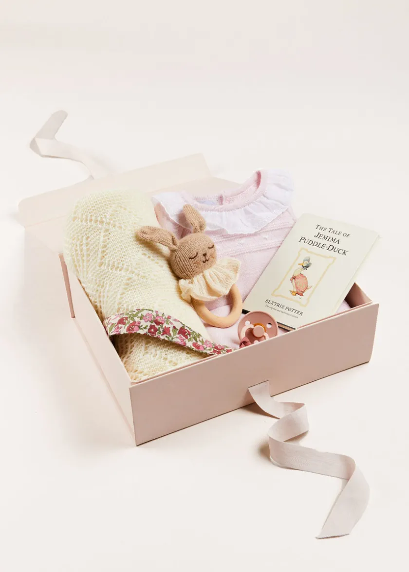 Curated Gift Boxes | Pepa London Gift boxes | Dot Detail Lace Collar Knitted Set in Pink (1-6mths) | Baby Bonnet In Pink (S-L) | Intricate Openwork Fine Merino Wool Shawl in Cream | BIBS Dummy in Pink