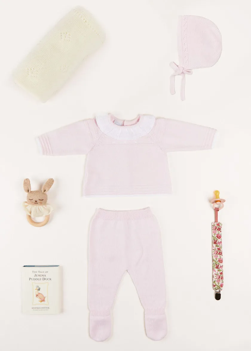 Curated Gift Boxes | Pepa London Gift boxes | Dot Detail Lace Collar Knitted Set in Pink (1-6mths) | Baby Bonnet In Pink (S-L) | Intricate Openwork Fine Merino Wool Shawl in Cream | BIBS Dummy in Pink
