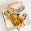 Curated Gift Boxes | Pepa London Gift boxes | Fair Isle Knitted 2 Piece Set In Grey (1-9mths) | Intricate Openwork Fine Merino Wool Shawl in Cream | BIBS Dummy in Sage Green | Bunny Teether in Green | Peepo Book In Red