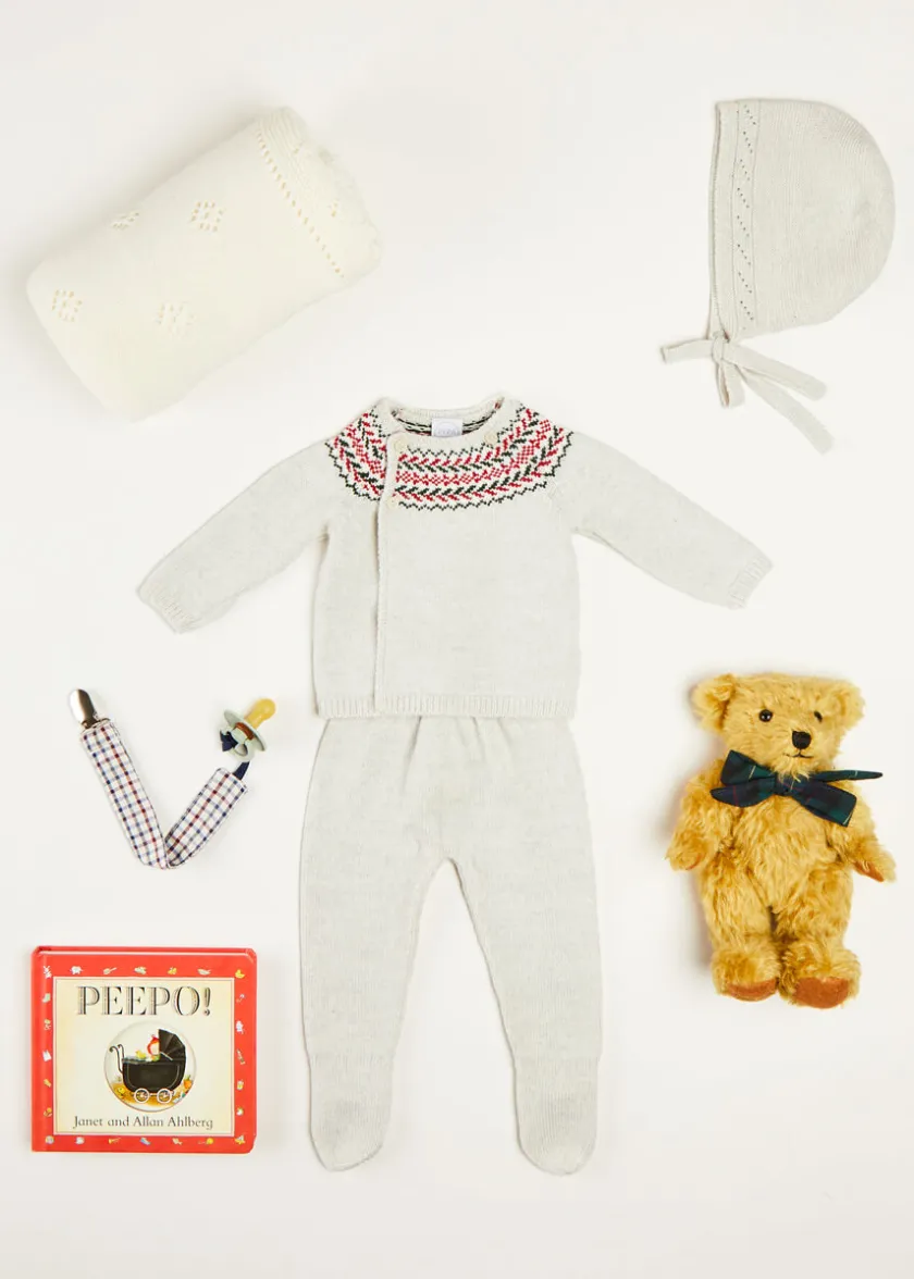 Curated Gift Boxes | Pepa London Gift boxes | Fair Isle Knitted 2 Piece Set In Grey (1-9mths) | Intricate Openwork Fine Merino Wool Shawl in Cream | BIBS Dummy in Sage Green | Bunny Teether in Green | Peepo Book In Red