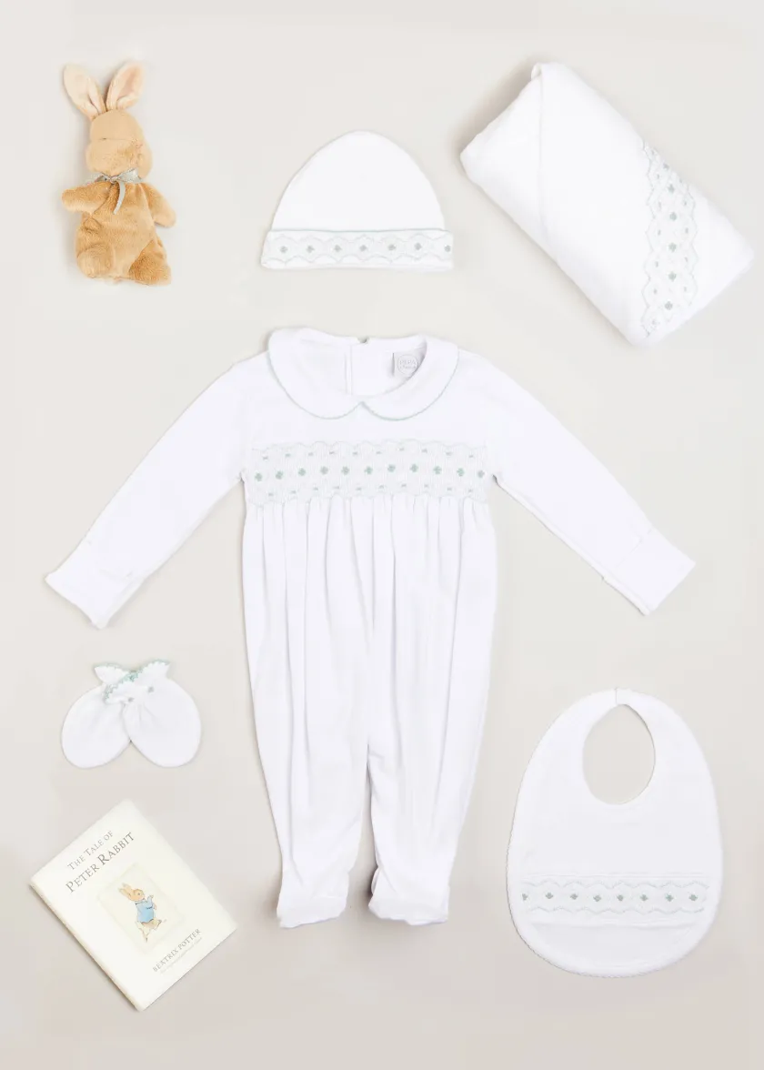 Knitwear & Cardigans | First Outfits | Pepa London Gift boxes | Green Hand Smocked Cotton All-in-One (0-18mths) | Newborn Hat with Green Hand Smocked Detail (0-3mths) | Green Hand Smocked Bib | Green Hand Smocked Towel | Green Hand Smocked Mittens