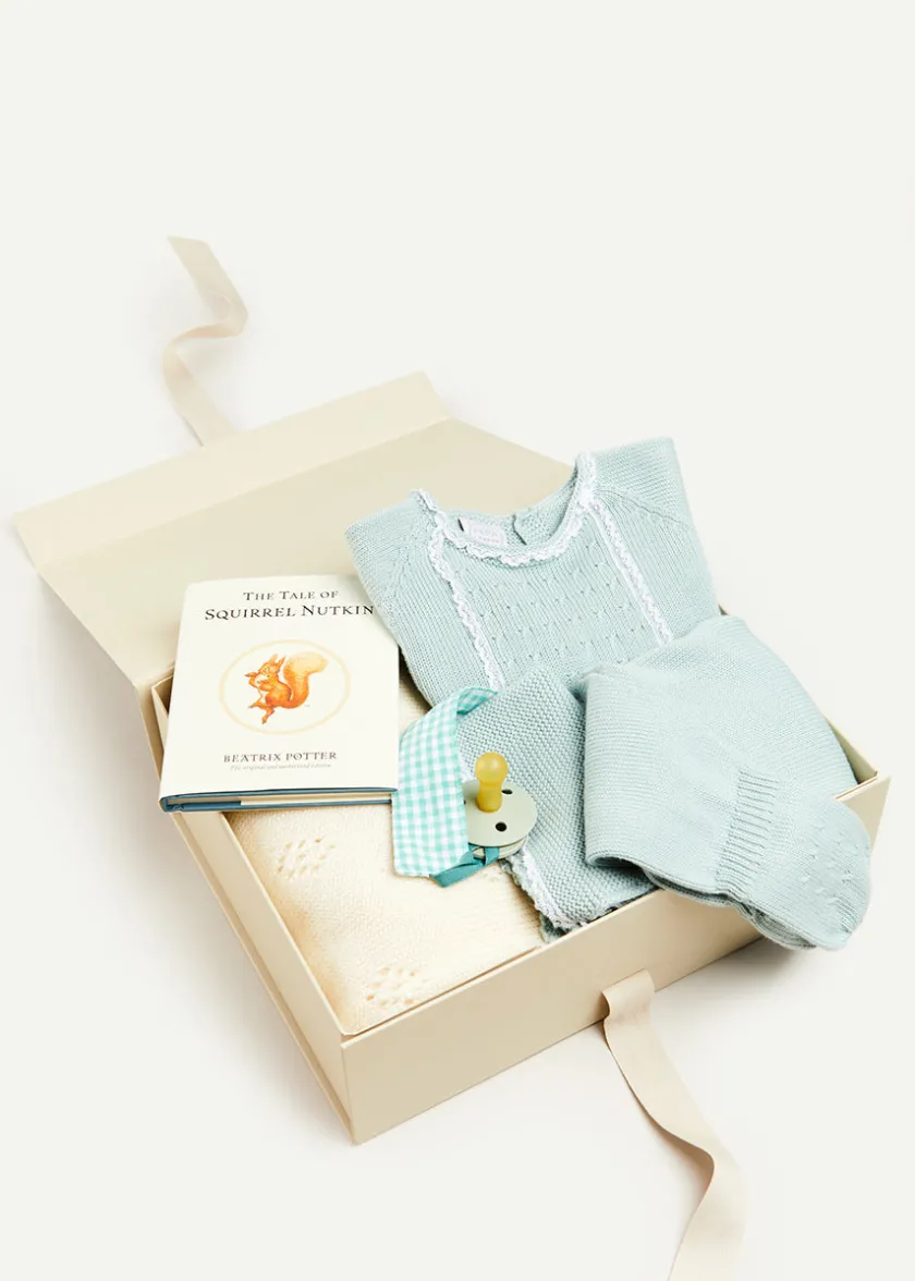 Curated Gift Boxes | Pepa London Gift boxes | Lace Detail Knitted Bonnet in Green (1-12mths) | Lace Trim Knitted Set in Green (1-12mths) | Intricate Openwork Fine Merino Wool Shawl in Cream | BIBS Dummy in Sage Green | Knitted Bunny Teether in Beige