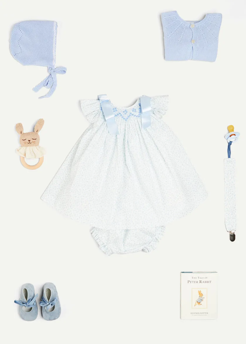 Curated Gift Boxes | Pepa London Gift boxes | Openwork Detail Baby Cardigan in Blue (1-12mths) | Suede Velvet Ribbon Pram Shoes in Blue (17-21 EU) | White Mouse Toy | BIBS Dummy in Blue