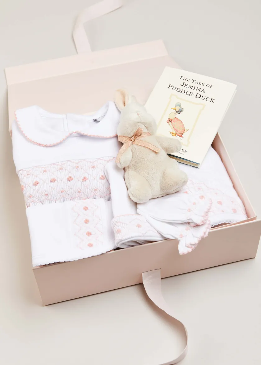 Knitwear & Cardigans | First Outfits | Pepa London Gift boxes | Pink Hand Smocked Cotton All-in-One (0-12mths) | Newborn Hat with Pink Hand Smocked Detail (0-3mths) | Pink Hand Smocked Bib | Pink Hand Smocked Towel | Pink Hand Smocked Mittens