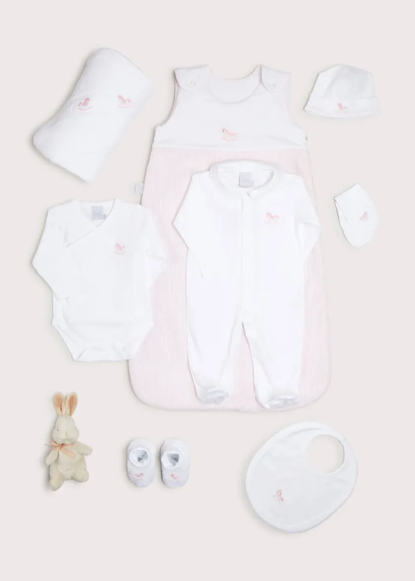 First Outfits | Curated Gift Boxes | Pepa London Gift boxes | Pink Sleeping Bag with Rocking Horse Detail | Newborn All-In-One With Rocking Horse Embroidery In Pink (1-6mths) | Newborn Side Tie Bodysuit With Rocking Horse Embroidery Pink (1-6mths) | Newborn Towel with Rocking Horse Embroidery In Pink | Newborn Bonnet with Rocking Horse Embroidery Pink (0-3mths)