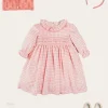 Lookbooks | Pepa London Gingham Smocked Ruffle Collar Long Sleeve Dress in Coral (12mths-10yrs) | Floral Openwork Cotton Cardigan in Pink (2-10yrs) | Girls Ivory Leather Mary Jane Shoes (20-34EU) | Raspberry Linen Hairband | Openwork short socks White (0mths-8yrs)