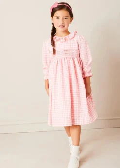 Lookbooks | Pepa London Gingham Smocked Ruffle Collar Long Sleeve Dress in Coral (12mths-10yrs) | Floral Openwork Cotton Cardigan in Pink (2-10yrs) | Girls Ivory Leather Mary Jane Shoes (20-34EU) | Raspberry Linen Hairband | Openwork short socks White (0mths-8yrs)