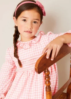 Lookbooks | Pepa London Gingham Smocked Ruffle Collar Long Sleeve Dress in Coral (12mths-10yrs) | Floral Openwork Cotton Cardigan in Pink (2-10yrs) | Girls Ivory Leather Mary Jane Shoes (20-34EU) | Raspberry Linen Hairband | Openwork short socks White (0mths-8yrs)