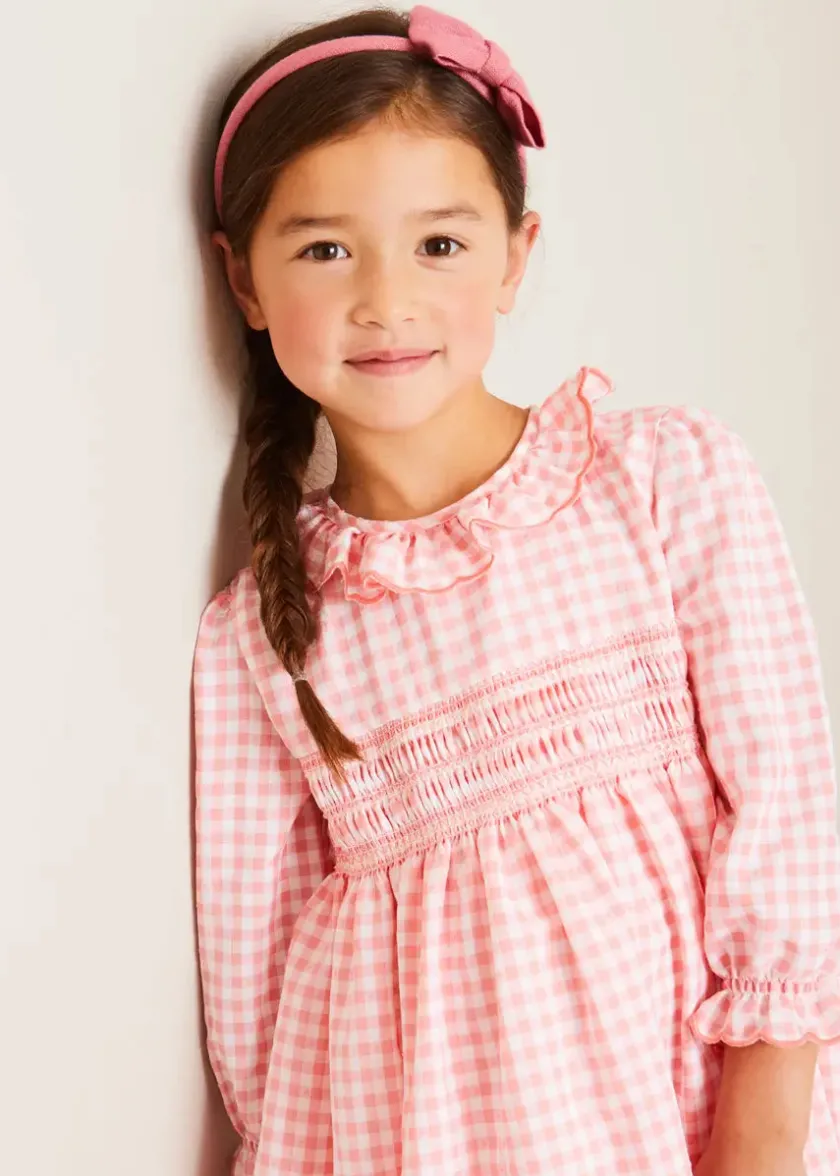 Dresses | Dresses | Pepa London Gingham Smocked Ruffle Collar Long Sleeve Dress in Coral (12mths-10yrs)
