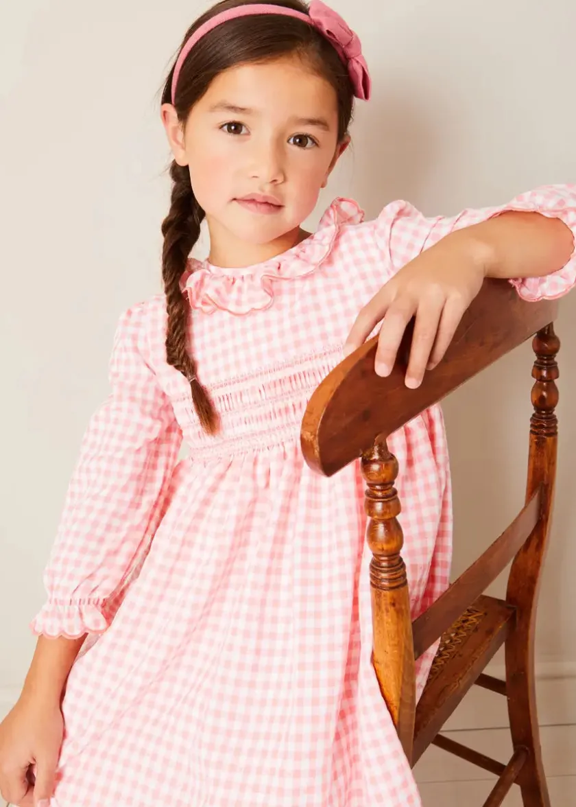 Dresses | Dresses | Pepa London Gingham Smocked Ruffle Collar Long Sleeve Dress in Coral (12mths-10yrs)