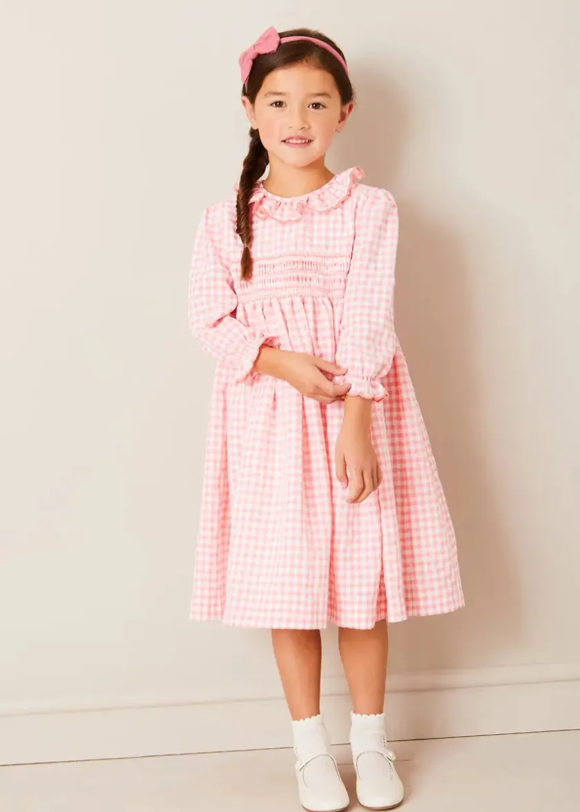 Dresses | Dresses | Pepa London Gingham Smocked Ruffle Collar Long Sleeve Dress in Coral (12mths-10yrs)