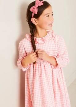 Dresses | Dresses | Pepa London Gingham Smocked Ruffle Collar Long Sleeve Dress in Coral (12mths-10yrs)