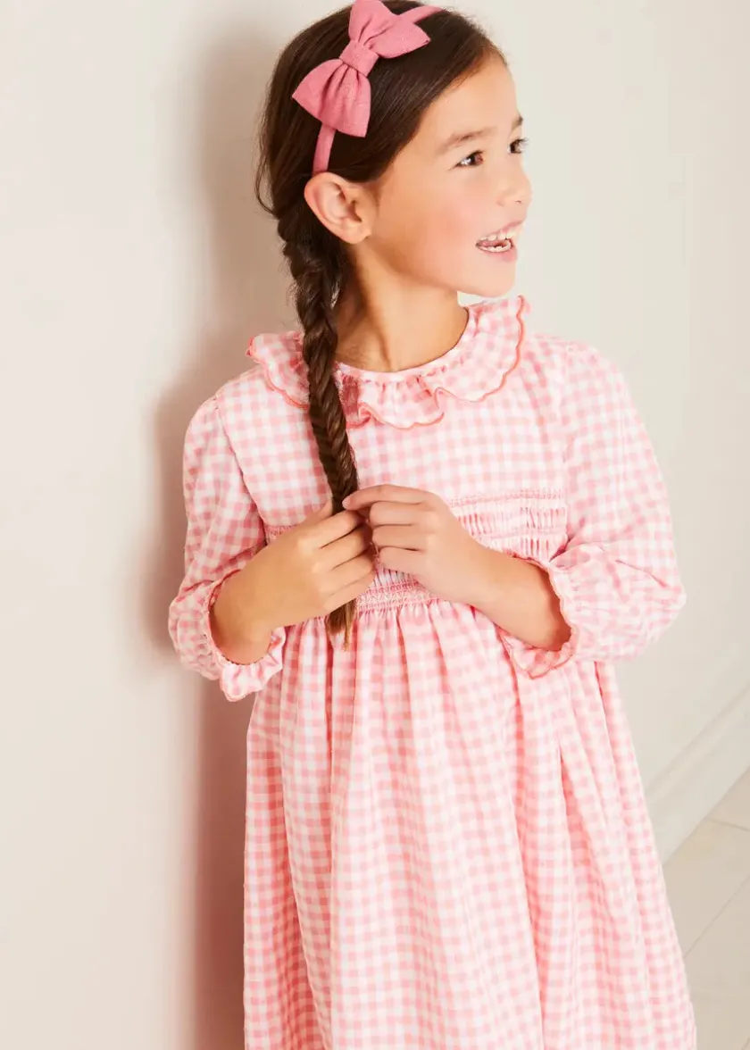 Dresses | Dresses | Pepa London Gingham Smocked Ruffle Collar Long Sleeve Dress in Coral (12mths-10yrs)