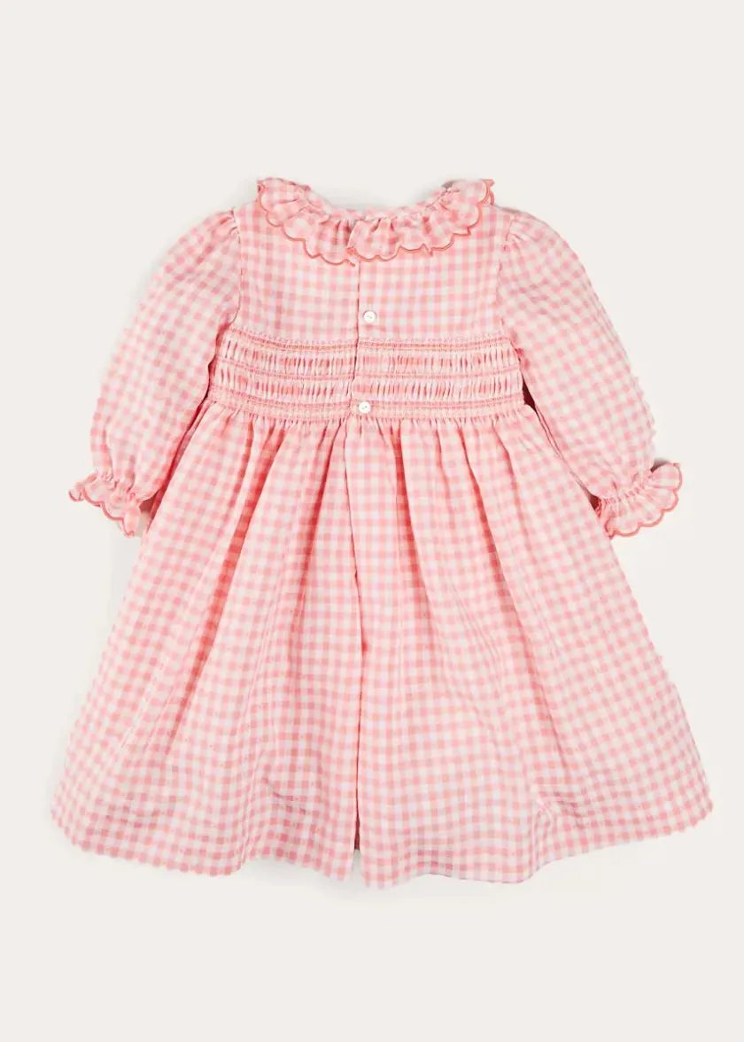 Dresses | Dresses | Pepa London Gingham Smocked Ruffle Collar Long Sleeve Dress in Coral (12mths-10yrs)