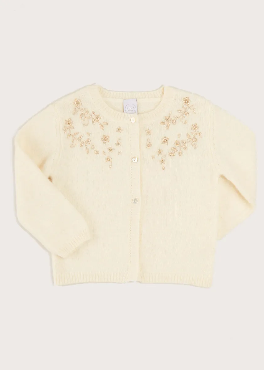 Knitwear & Cardigans | Knitwear & Cardigans | Pepa London Gold Embroidered Cardigan In Cream (12mths-10yrs)