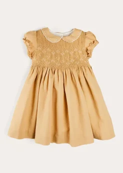 Dresses | Dresses | Pepa London Hand Smocked Peter Pan Collar Short Sleeve Dress in Beige (12mths-10yrs)