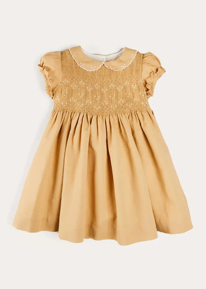 Dresses | Dresses | Pepa London Hand Smocked Peter Pan Collar Short Sleeve Dress in Beige (12mths-10yrs)