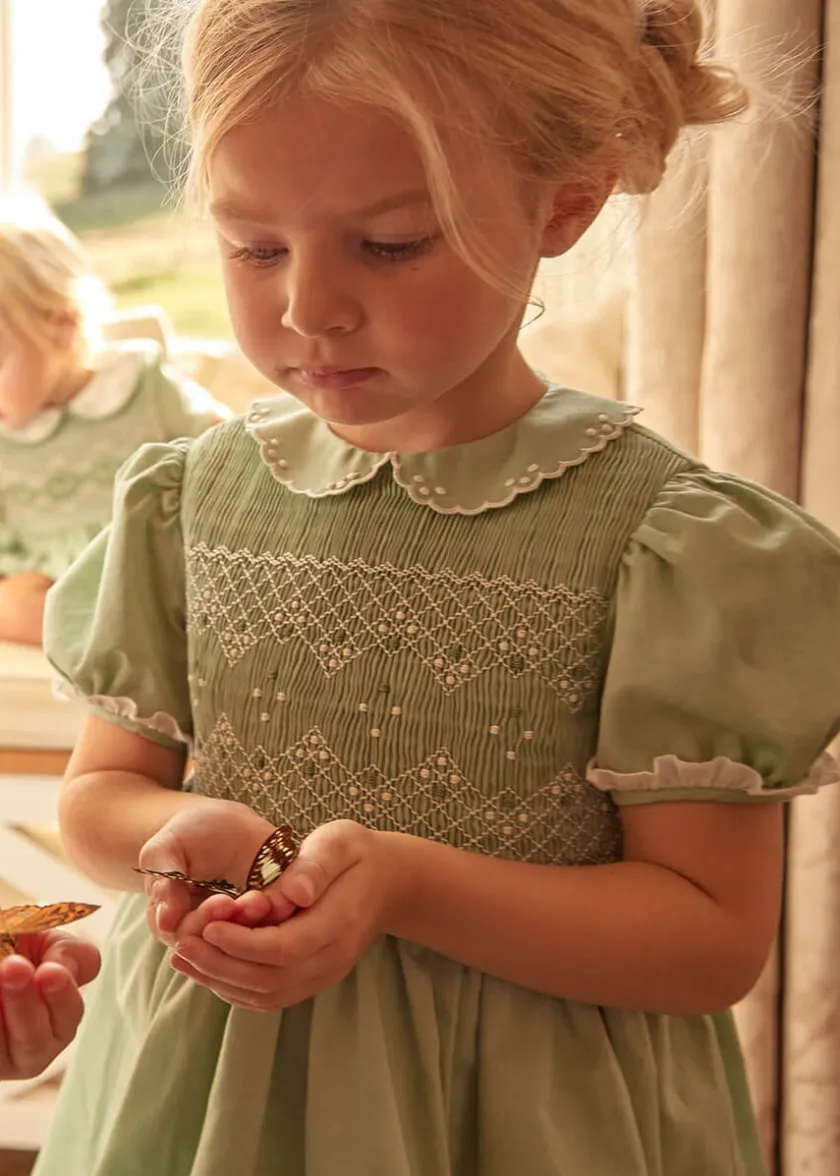 Dresses | Dresses | Pepa London Hand Smocked Peter Pan Collar Short Sleeve Dress in Green (12mths-10yrs)