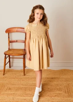 Dresses | Dresses | Pepa London Hand Smocked Peter Pan Collar Short Sleeve Dress in Beige (12mths-10yrs)