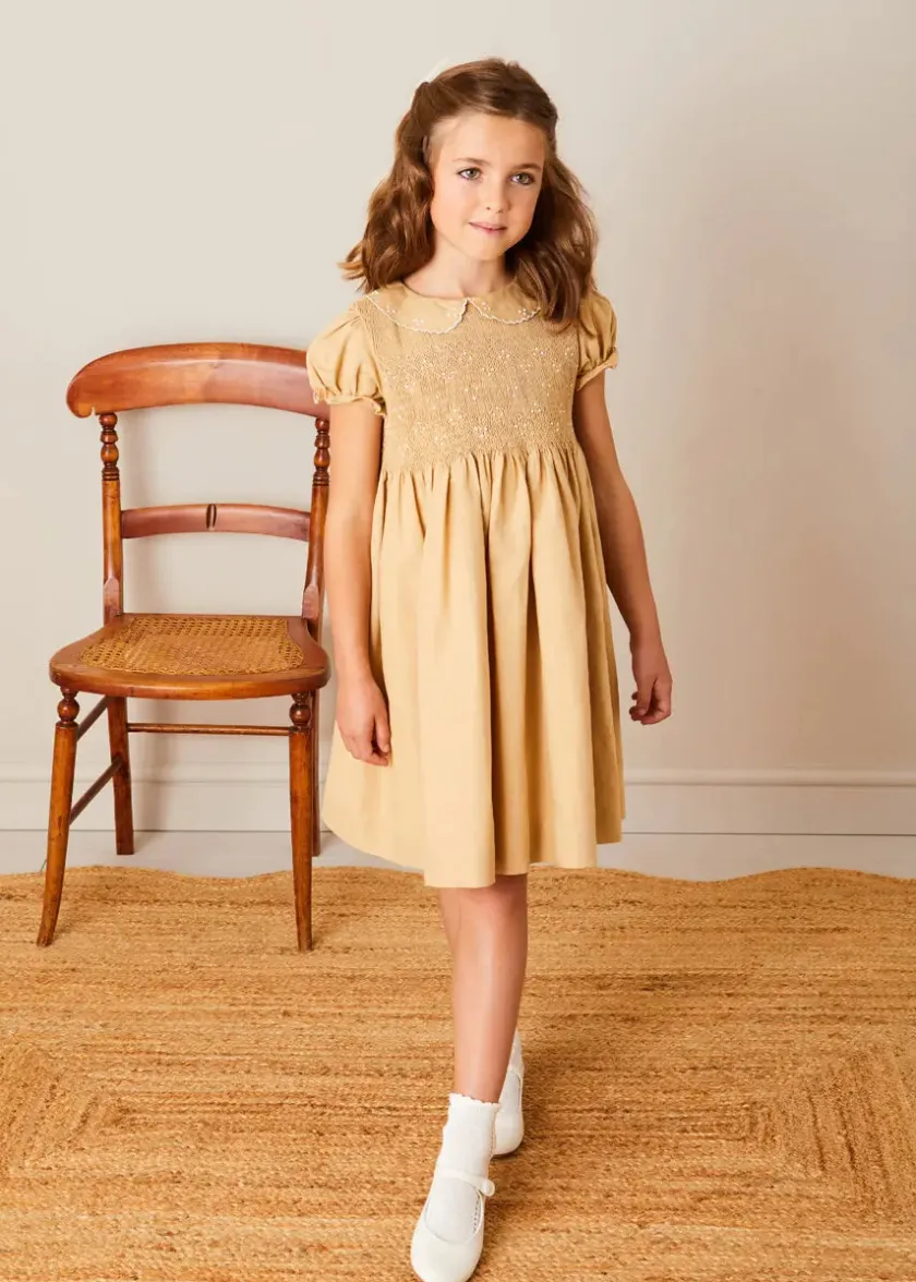 Dresses | Dresses | Pepa London Hand Smocked Peter Pan Collar Short Sleeve Dress in Beige (12mths-10yrs)