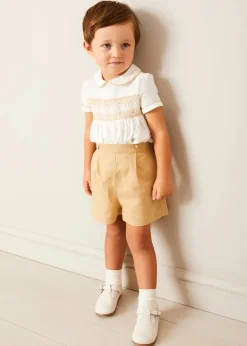 Lookbooks | Pepa London Hand Smocked Peter Pan Collar Short Sleeve Two Piece Set in Beige (18mths-6yrs) | Plain Cardigan in Cream (6mths-10yrs) | T-Bar Leather Baby Shoes in Ivory (20-24EU) | Cotton Short Socks Cream (0mths-10yrs)