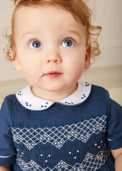 Rompers | Rompers | Pepa London Hand Smocked Peter Pan Collar Short Sleeve Romper in Royal Blue (6mths-2yrs)