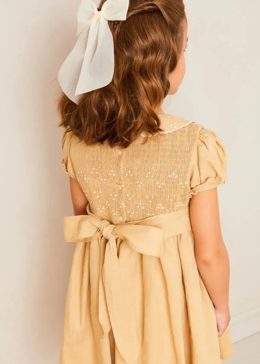 Dresses | Dresses | Pepa London Hand Smocked Peter Pan Collar Short Sleeve Dress in Beige (12mths-10yrs)