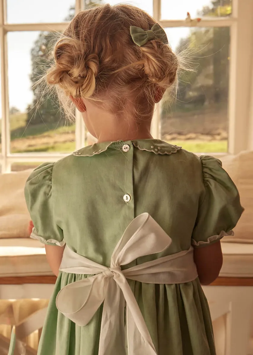 Dresses | Dresses | Pepa London Hand Smocked Peter Pan Collar Short Sleeve Dress in Green (12mths-10yrs)