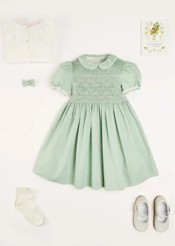 Dresses | Dresses | Pepa London Hand Smocked Peter Pan Collar Short Sleeve Dress in Green (12mths-10yrs)