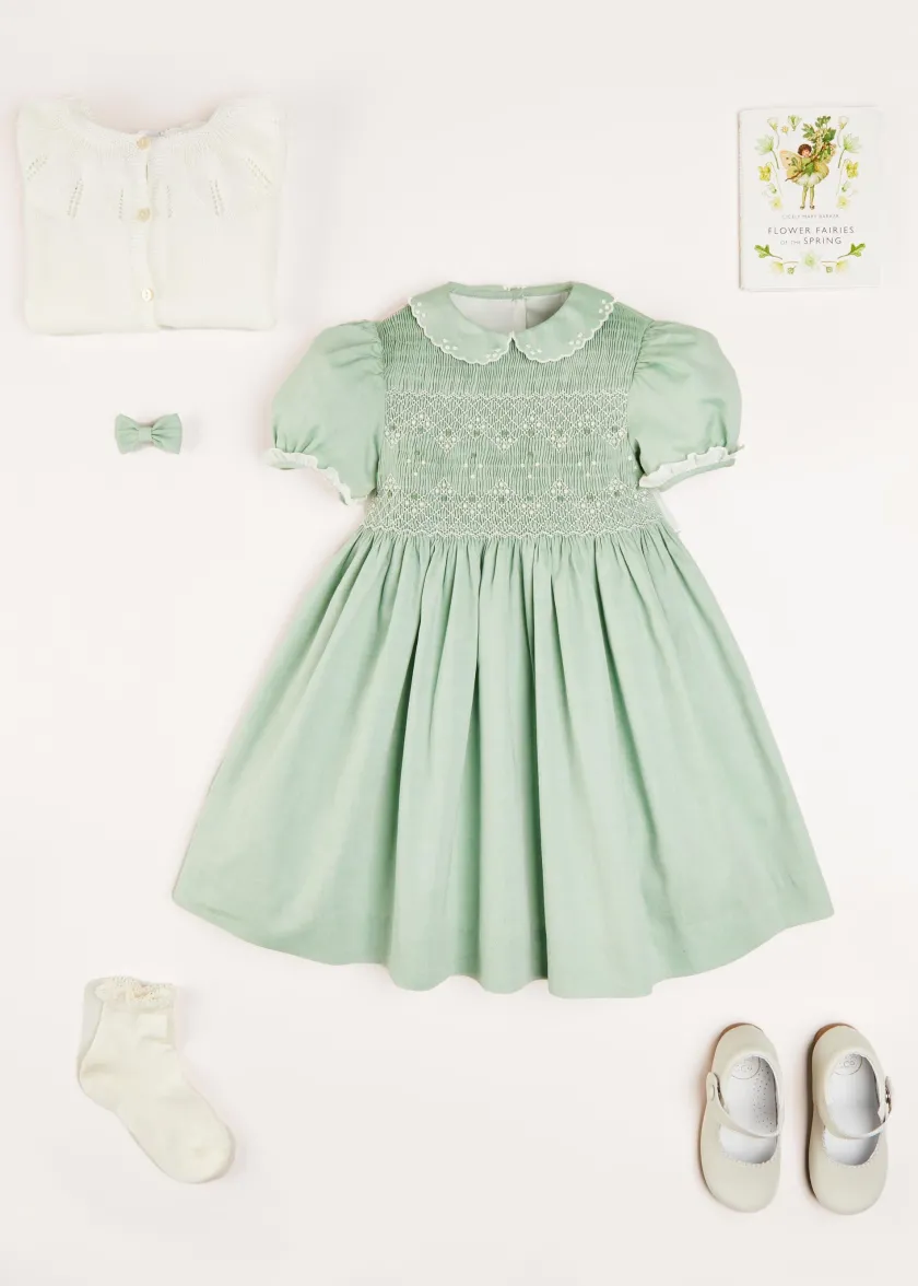 Dresses | Dresses | Pepa London Hand Smocked Peter Pan Collar Short Sleeve Dress in Green (12mths-10yrs)