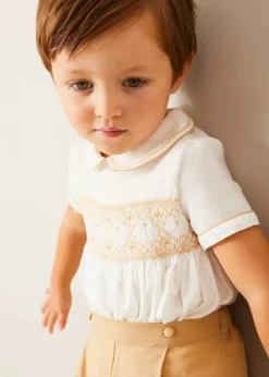 Two-piece Sets | Pepa London Hand Smocked Peter Pan Collar Short Sleeve Two Piece Set in Beige (18mths-6yrs)